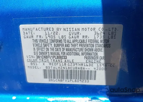 2023 Nissan Versa 1.6 Sr Xtronic Cvt z USA, uszkodzony, nr VIN 3N1CN8FV1PL809233